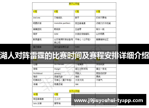 湖人对阵雷霆的比赛时间及赛程安排详细介绍